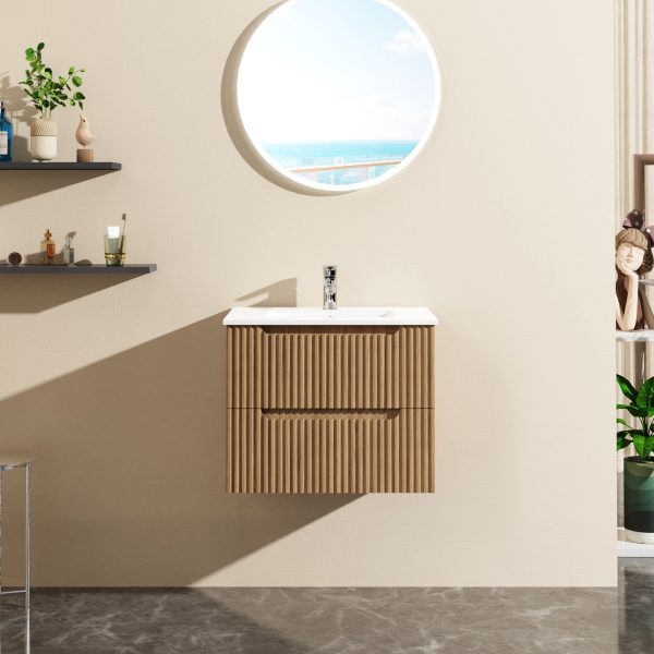 24  Wall Mount Bathroom Vanity Cabinet With - White Basin Sink Combo Floating - Walnut Fashion