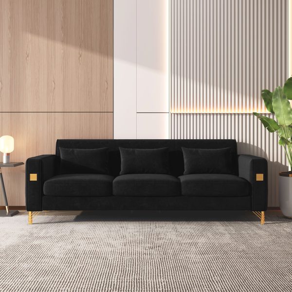 Velvet Sofa With Pillows And Gold Finish Metal Leg For Living Room Online now