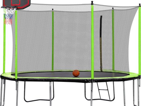 14Ft Trampoline With Basketball Hoop Inflator And Ladder (Inner Safety Enclosure) - Green Supply