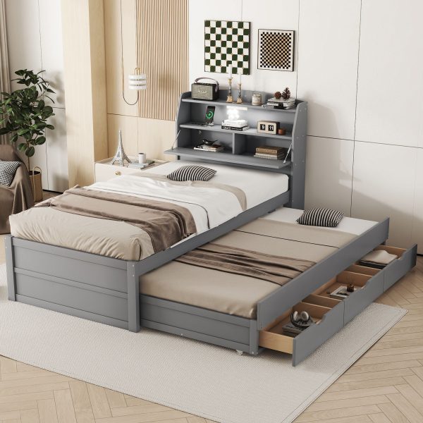 Wooden LED Platform Bed With Trundle, With Storage Headboard, With Drawers Hot on Sale