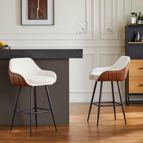 Modern Counter Height Bar Stools (Set of 2), Mid-Century Leather Upholstered Accent Arm Bar Stools, Leisure Side Chair With Metal Legs For Kitchen & Dining Room - Dark Brown   White Fashion