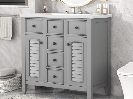 Bathroom Vanity With Ceramic Basin, Two Cabinets And Five Drawers, Solid Wood Frame, Gray Cheap