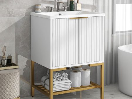 Bathroom Vanity With Sink, Bathroom Vanity Cabinet With Two Doors And Metal Frame, Open Storage Shelf - White   Gold Supply