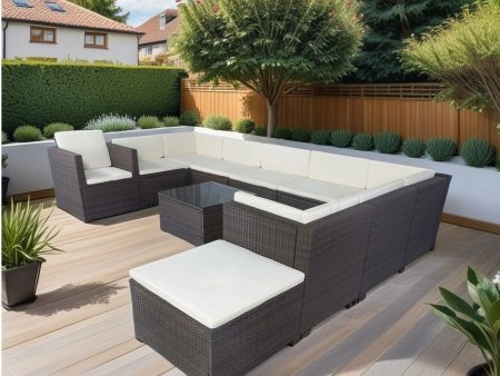 11 Piece Patio Wicker Conversation Set, 10 Seater Patio Sectional Set With 3 Storage Box Under Seat - Brown   White Cheap