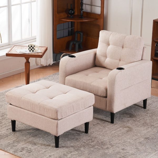 Upholstered Armchair And Storage Ottoman Set, Comfortable Single Sofa With Cup Holders And Tufted Detailing, Ideal For Living Room Or Bedroom Sale