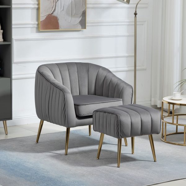 Velvet Accent Chair With Ottoman, Modern Tufted Barrel Chair Ottoman Set For Living Room Bedroom Online Hot Sale