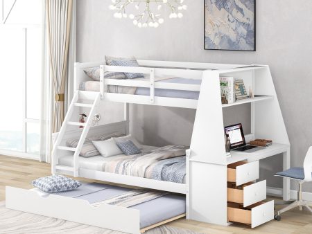 Twin Over Full Bunk Bed With Trundle And Built-In Desk, Three Storage Drawers And Shelf - White For Sale