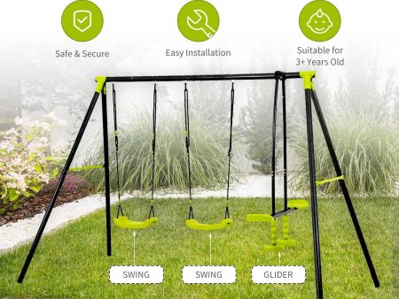 Xns008 Interesting Triple Children Metal Safe Swing Set 440Lbs For Outdoor Playground Three Seat Swing For Age 3+ - Green   Black Online