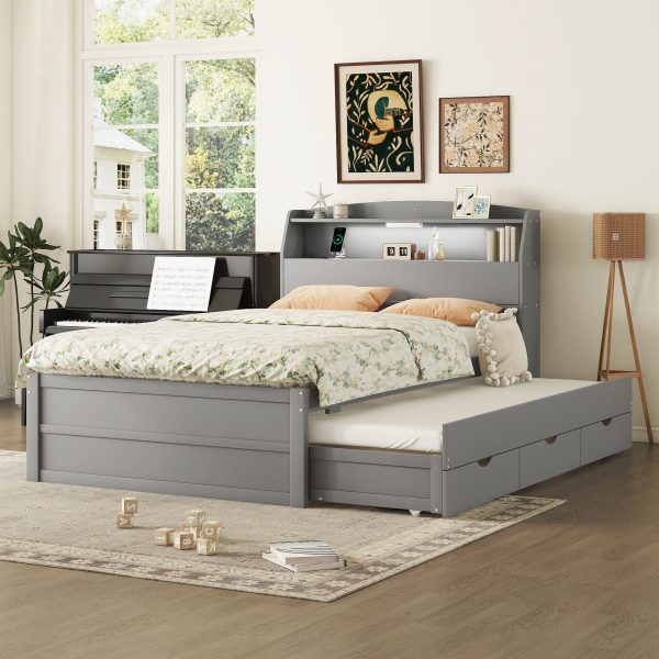 Wooden LED Platform Bed With Trundle, With Storage Headboard, With Drawers Hot on Sale