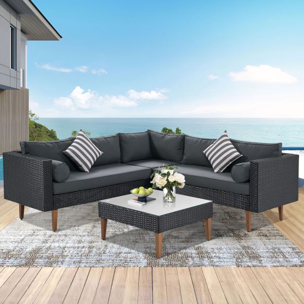 4 Pieces Outdoor Wicker Sofa Set, Patio Furniture With Colorful Pillows, L-Shape Sofa Set - Gray   Black Online Hot Sale