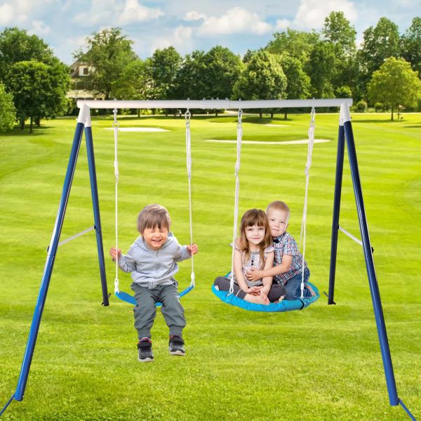 Kids Metal Swing Set For Backyard Outdoor Playground Two Functional Swing Set For Kids Outdoor Equipment - Antique Blue Discount