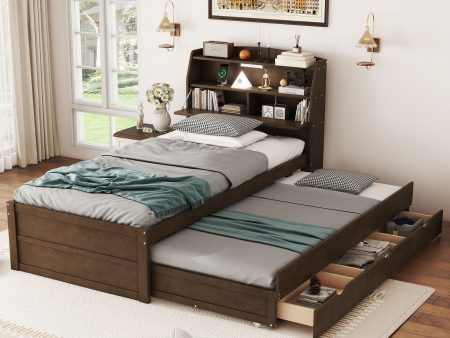 Wooden LED Platform Bed With Trundle, With Storage Headboard, With Drawers Hot on Sale