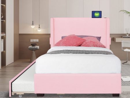 Twin Size Upholstered Bed Frame With Trundle Bed, Teddy Fabric, USB Functionality, And A Pocket Design On The Side Of The Headboard For Storing Small Items - Baby Pink For Sale