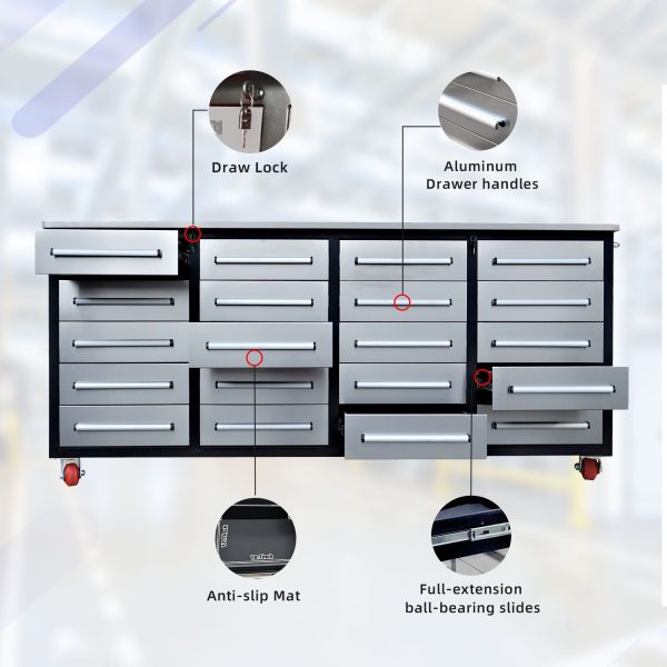 Garage Storage Cabinets With Workbench (20 Drawers) - Silver Online