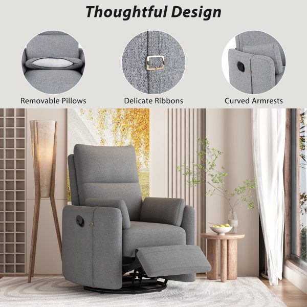 Upholstered Swivel Recliner Manual Rocker Recliner Chair Baby Nursery Chair With Two Removable Pillows For Living Room For Sale