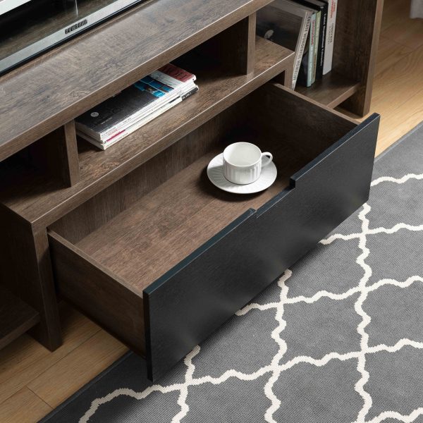 Two Toned Modern TV Stand With Three Shelves, Large Drawer - Walnut Oak   Black Sale