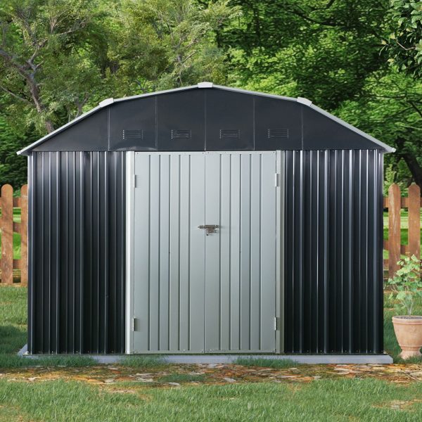 10 Ft X 12 Ft Outdoor Metal Storage Shed With Arch Roof With Lockable Doors For Backyard Garden Patio Lawn - Black Hot on Sale