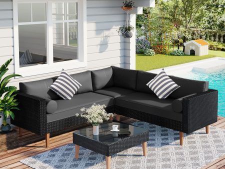 4 Pieces Outdoor Wicker Sofa Set, Patio Furniture With Colorful Pillows, L-Shape Sofa Set - Gray   Black Online Hot Sale