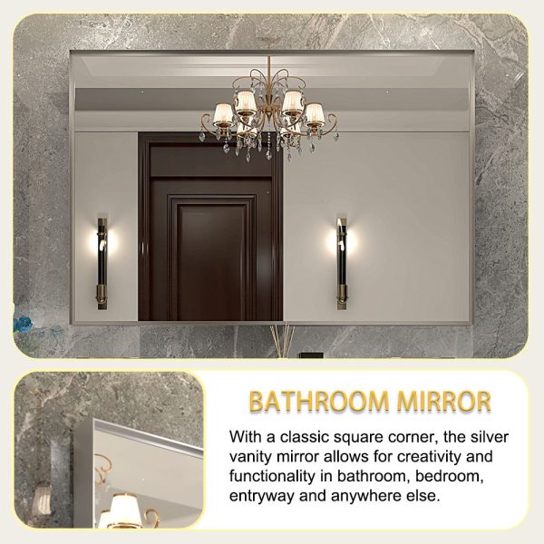 48X30  Wall Mounted Bevel Wall Mirror For Bathroom Silver Metal Frame Decorative Rectangular Home Decor Corner Hangs Farmhouse Mirror (Horizontal & Vertical) - Silver Hot on Sale