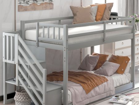 Twin Over Twin Floor Bunk Bed, Ladder With Storage For Discount