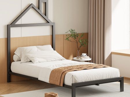 Twin Size Metal Platform Bed With House-Shaped Headboard Design Fashion