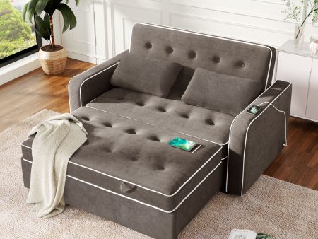 Upholstered Sleeper Bed, Pull Out Sofa Bed Couch Attached Two Throw Pillows, Dual USB Charging Port And Adjustable Backrest on Sale