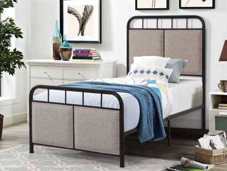 Twin Size Linen Upholstered Platform Metal Bed Frame With Fabric Headboard And Footboard - Brown For Sale