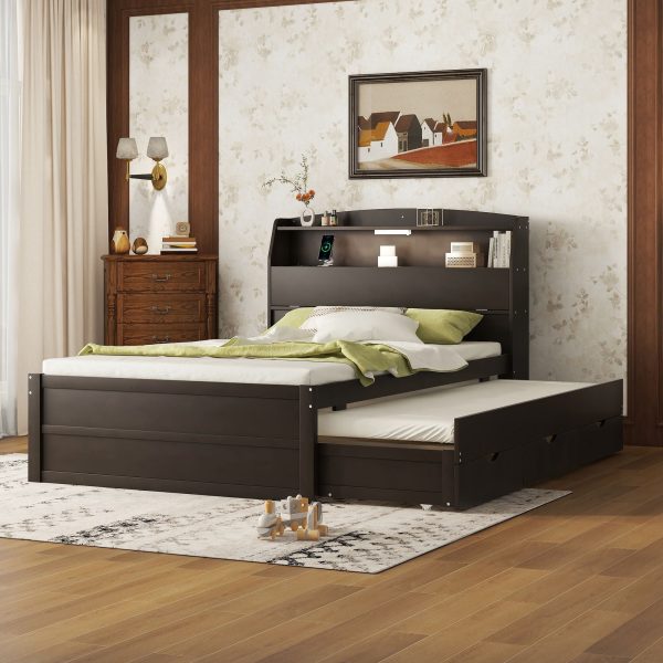 Wooden LED Platform Bed With Trundle, With Storage Headboard, With Drawers Hot on Sale