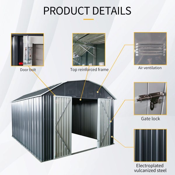 10 Ft X 12 Ft Outdoor Metal Storage Shed With Arch Roof With Lockable Doors For Backyard Garden Patio Lawn - Black Hot on Sale