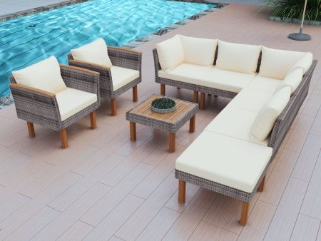 9 Piece Patio Rattan Furniture Set, Outdoor Conversation Set With Acacia Wood Legs And Tabletop, PE Rattan Sectional Sofa Set With Coffee Table, Washable Cushion For Cheap