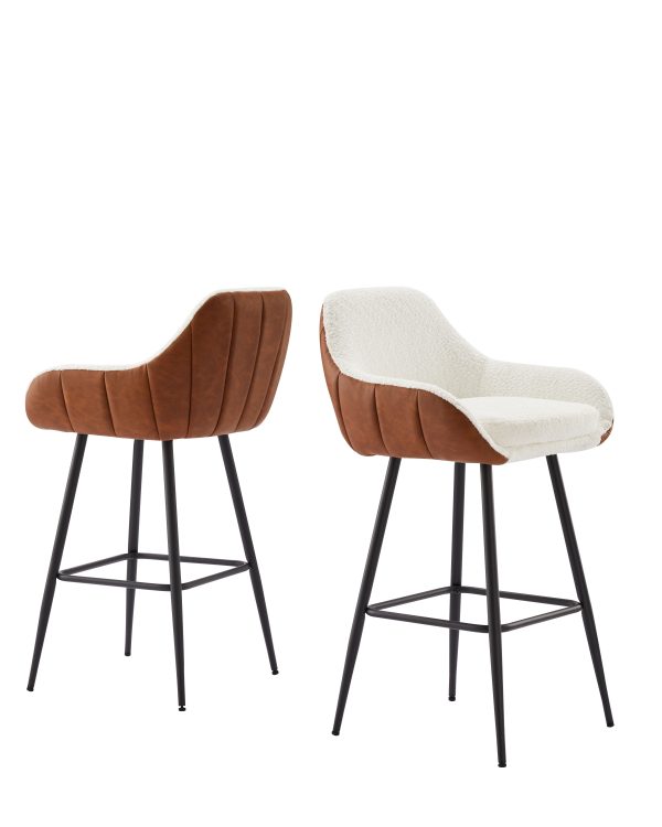 Modern Counter Height Bar Stools (Set of 2), Mid-Century Leather Upholstered Accent Arm Bar Stools, Leisure Side Chair With Metal Legs For Kitchen & Dining Room - Dark Brown   White Fashion