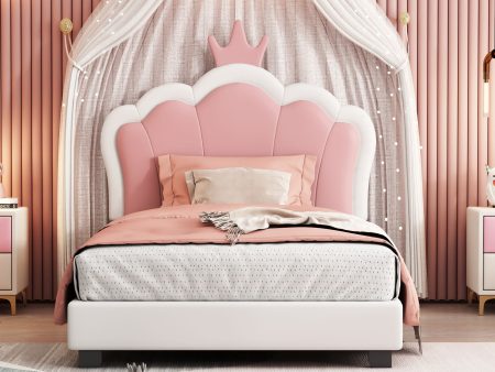 Twin Size Upholstered Princess Bed With Crown Headboard, Twin Size Platform Bed With Headboard And Footboard - White   Pink Online Hot Sale