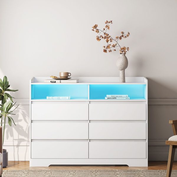 6 Drawer Dresser For Bedroom With LED Lights, Sturdy Frame - White For Cheap