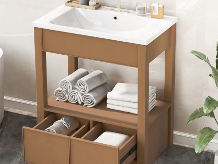 Bathroom Vanity With Sink Top, Bathroom Cabinet With Open Storage Shelf And Two Drawers - Brown Sale