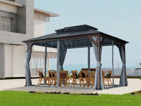 10  x 13  Hardtop Wood Gazebo For Patios, Outdoor Framed Gazebo With Polycarbonate Double Roof Canopy, Solid Wooden Framed Gazebo With Privacy Curtains And Mosquito Nettings For Garden, Backyard - Black Discount