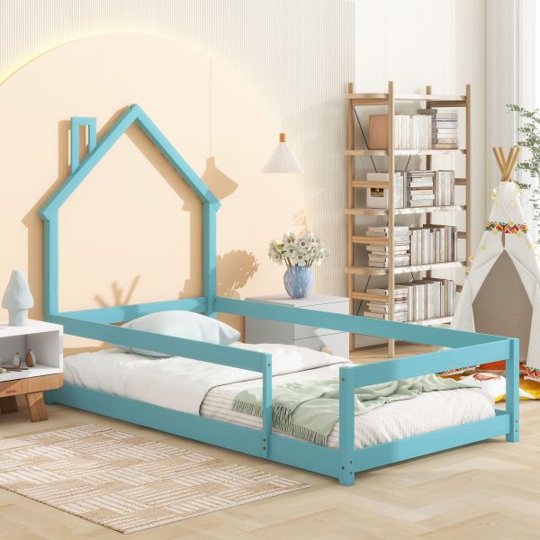 Wood Bed With House Shaped Headboard Floor Bed With Fences Hot on Sale