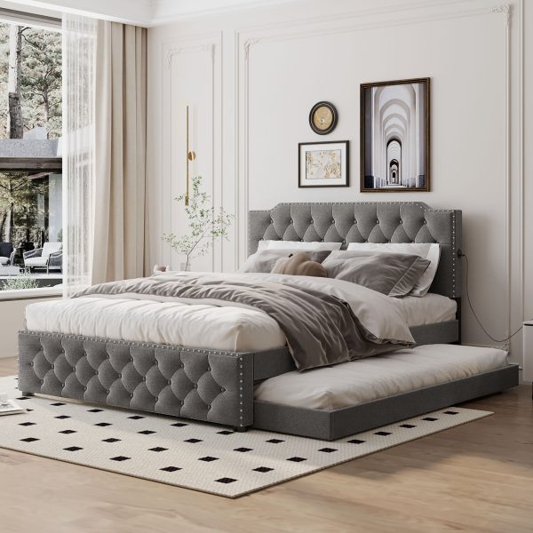 Upholstered Platform Bed With Twin Size Trundle And 2 Sets Of USB Ports On Each Side, Linen Fabric Online