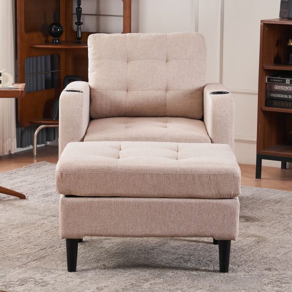 Upholstered Armchair And Storage Ottoman Set, Comfortable Single Sofa With Cup Holders And Tufted Detailing, Ideal For Living Room Or Bedroom Sale