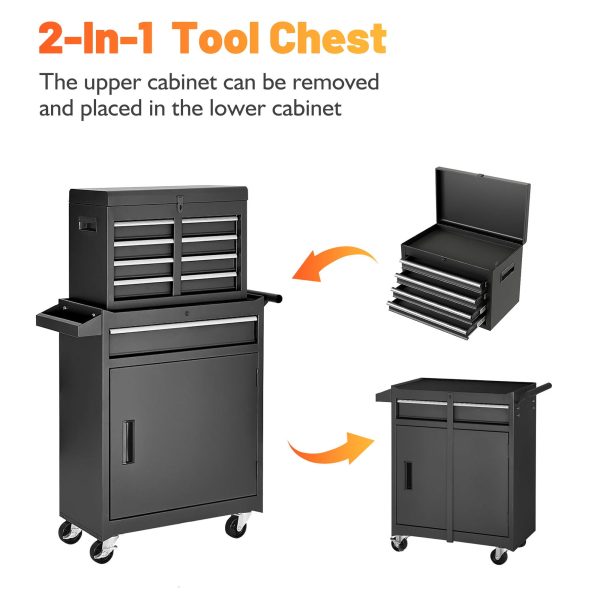 Tool Chest, 5 Drawer Rolling Tool Storage Cabinet With Detachable Top Tool Box, Liner, Universal Lockable Wheels, Adjustable Shelf, Locking Mechanism, Metal Tool Cart For Garage Workshop Online