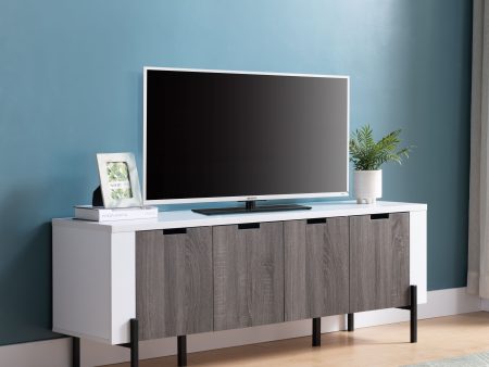 Two Toned TV Stand With Four Cabinet Doors, Storage Cabinet - White   Distressed Gray Fashion