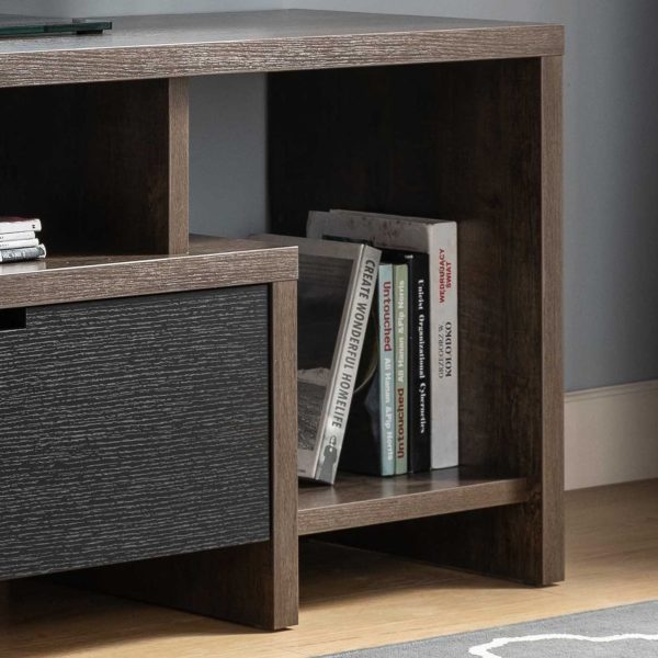 Two Toned Modern TV Stand With Three Shelves, Large Drawer - Walnut Oak   Black Sale