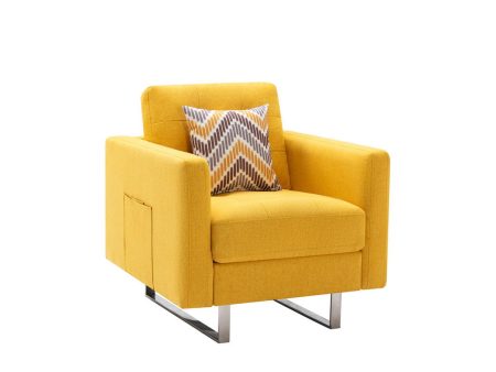 Victoria - Linen Fabric Armchair With Metal Legs, Side Pockets, And Pillow For Cheap