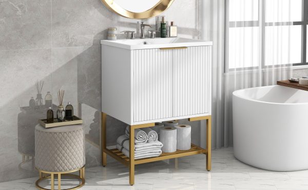 Bathroom Vanity With Sink, Bathroom Vanity Cabinet With Two Doors And Metal Frame, Open Storage Shelf - White   Gold Supply