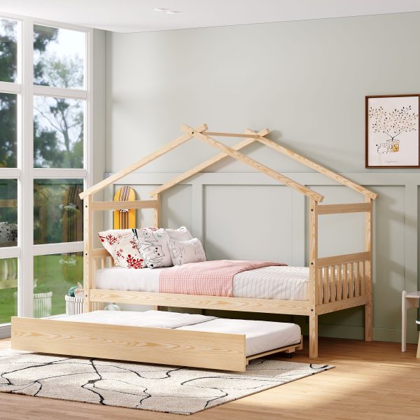 Wooden House Bed With Twin Size Trundle Hot on Sale