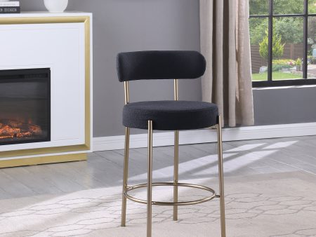 Modern Sherpa Counter Height Stools, Uphsoltered Seat Height Barstools With Brushed Brass Metal Legs Round Low Back Kitchen Stools With Footrest For Dining Room (Set of 2) For Sale