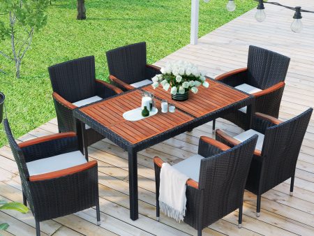 Outdoor Patio Dining Set, Garden PE Rattan Wicker Dining Table And Chairs Set, Acacia Wood Tabletop, Stackable Armrest Chairs With Cushions Supply