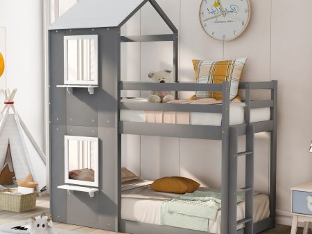 Twin Over Twin Bunk Bed Wood Bed & Roof, Window, Guardrail, Ladder For Cheap