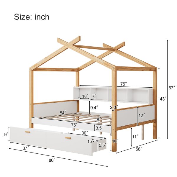 Wooden House Bed Original Wood Colored Frame With Two Drawers And Bookshelf Storage Space For Children Or Guest Room on Sale