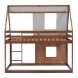 Wood Twin Size House Bunk Bed With Roof, Ladder And 2 Windows - Oak & Smoky Gray Sale