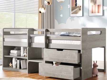 Twin Size Loft Bed With Two Shelves And Two Drawers Online Sale